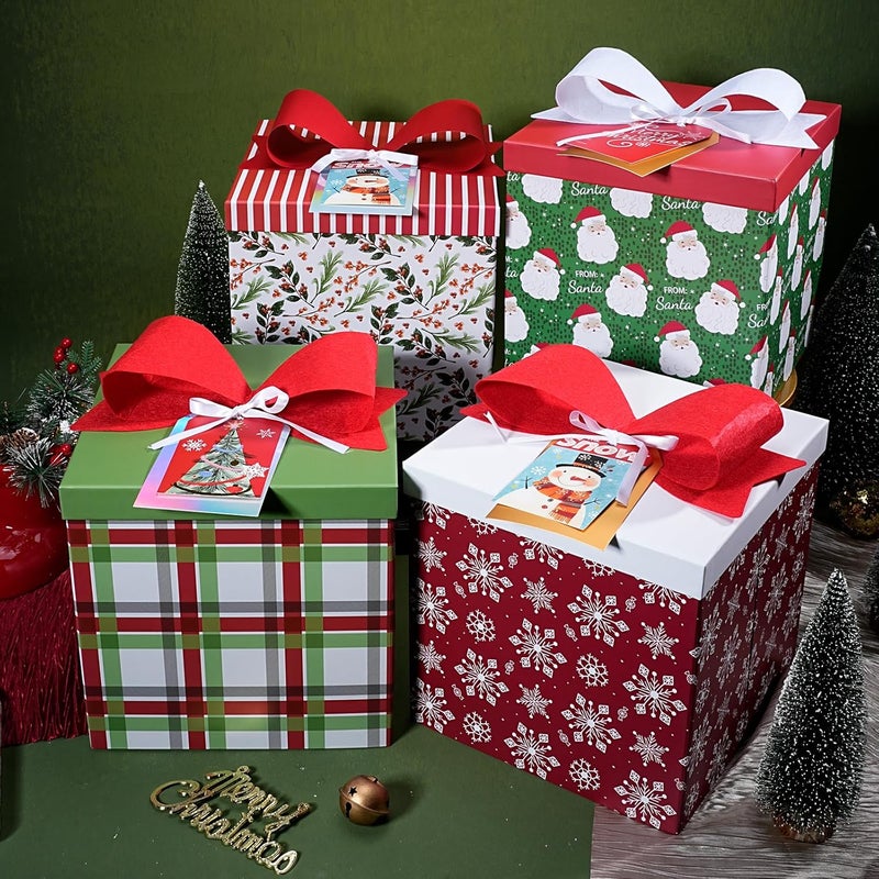 LaRibbons Large Christmas Gift Boxes with Lids,10x10x10 Inches Plaid Design Folding Square Gift Boxes for Christmas Decorative,Xmas,Present,Storage,Red and Green - Image 4